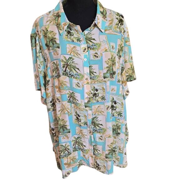 Rose and Olive Womens Tropical Print Short Sleeve Button Front Blouse Size 2X - Picture 1 of 12